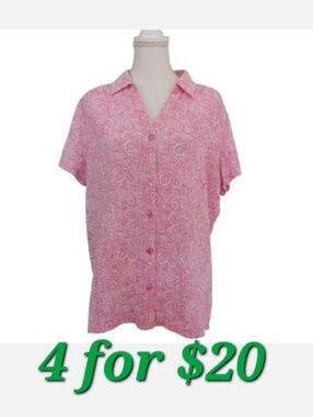 White Stag 2XL Pink Paisley Patterned Women's Button Front Collared Blouse Top